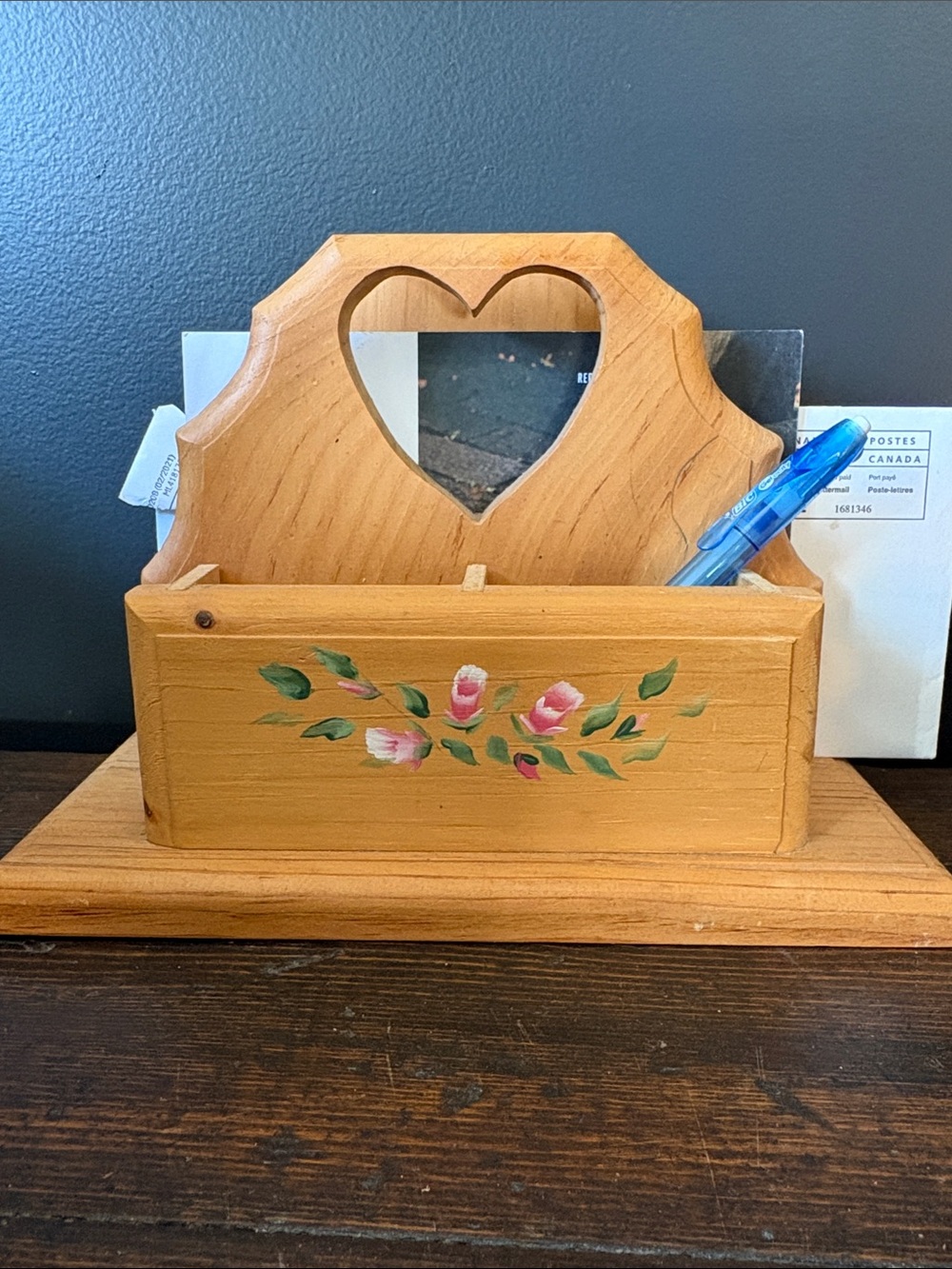 Vintage Hand-Painted Wood Mail & Key Organizer in Natural Wood
